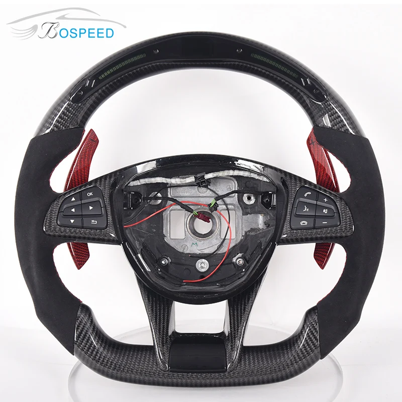 

For Benz Amg Car Steering Wheel Custom LED Gloss Carbon Fiber Black Alcantara Leather With Red Paddles