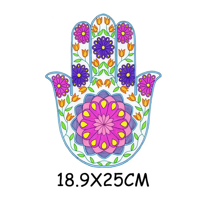 Colorful Hand Of Fatima Mandala Flower Patches Washable Women T-shirt Sticker Iron on Clothes Decoration Accessory Applique