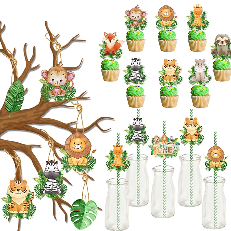 Jungle Safari Party Decoration Cartoon Kids First Birthday Party Supplies Straws/Cupcake topper/Banner Wild one Baby Shower