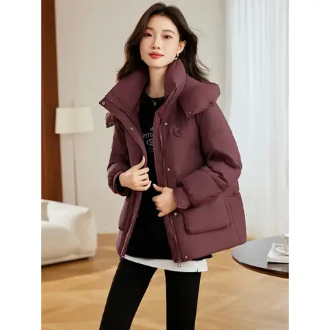 Chaqueta acolchada de invierno para mujer de talla grande Abrigo de plumón de pato blanco cálido con capucha de moda Fibra de poliéster engrosada Ajuste suelto Exterior...