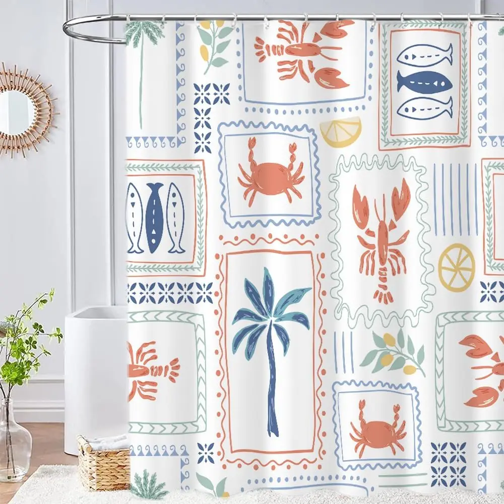 Tropical Summer Shower Curtains Sets Cute Geometric Design Bathroom Curtains Retro Palm Tree Lobster Fabric Shower Curtains