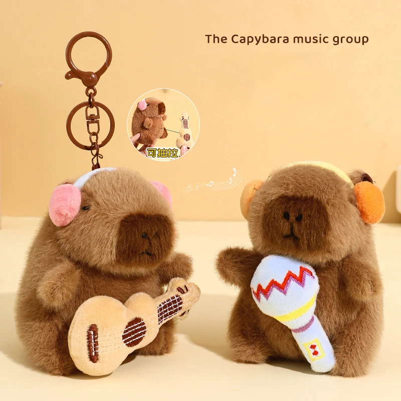 Cute Headphones Fluffy Kapibala Accordion Doll Music Team Keychain Playing Piano Guitar Microphone Singing Capybara Keys Chain
