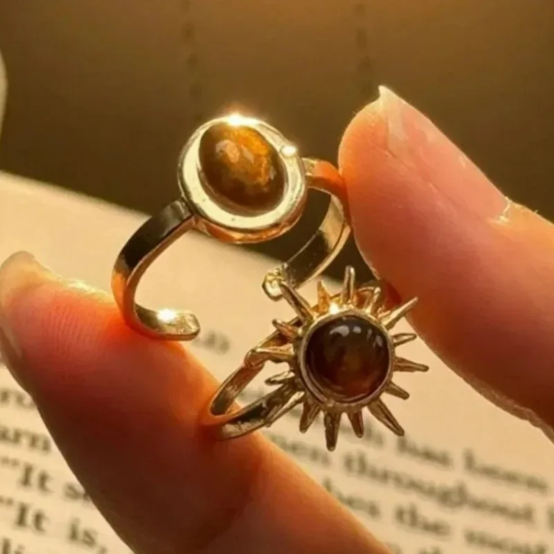 

Retro Brown Stone Rings for Women Girls Sun Irregular Gold Color Aesthetic Rings Opening Adjustable Ring Fashion Jewelry Gifts