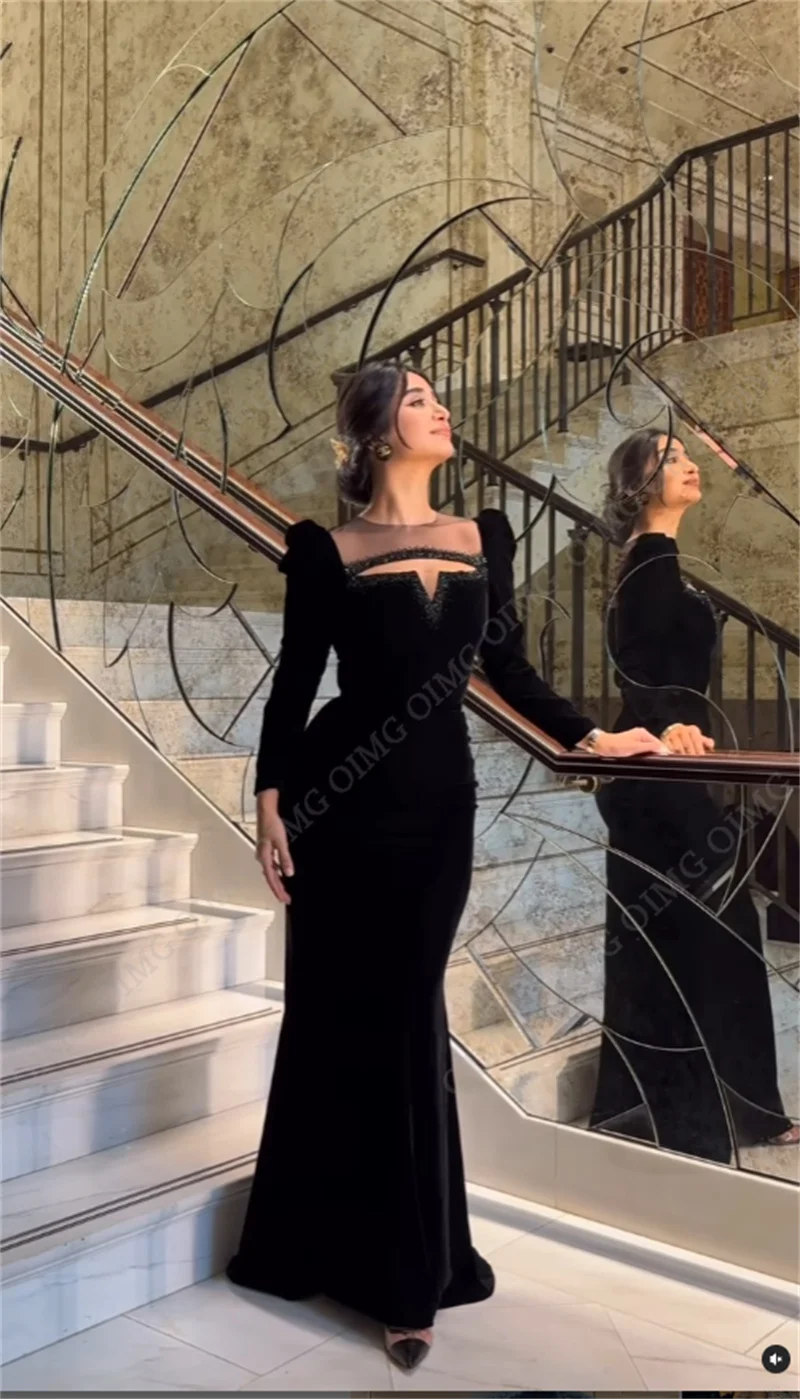 OIMG Elegant Mermaid Evening Night Dress for Women Long Sleeves Velvet Shiny Beads Formal Wedding Prom Party Gowns Customized