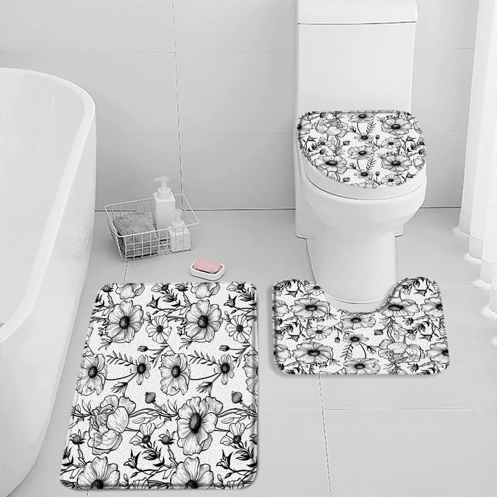 Simple Flowers Black White Bath Mat Set Floral Minimalist Bathroom Decor Abstract Modern Flannel Bathtub Rug Toilet Seat Cover