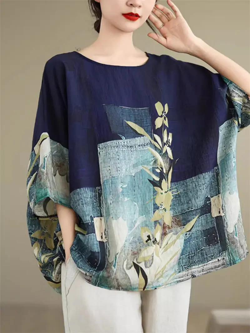 

Retro Fashion Women's Clothing 2024 Summer Linen Cotton Ethnic Style Bat Sleeve Loose Large Size Round Neck T-Shirt Tops K1859