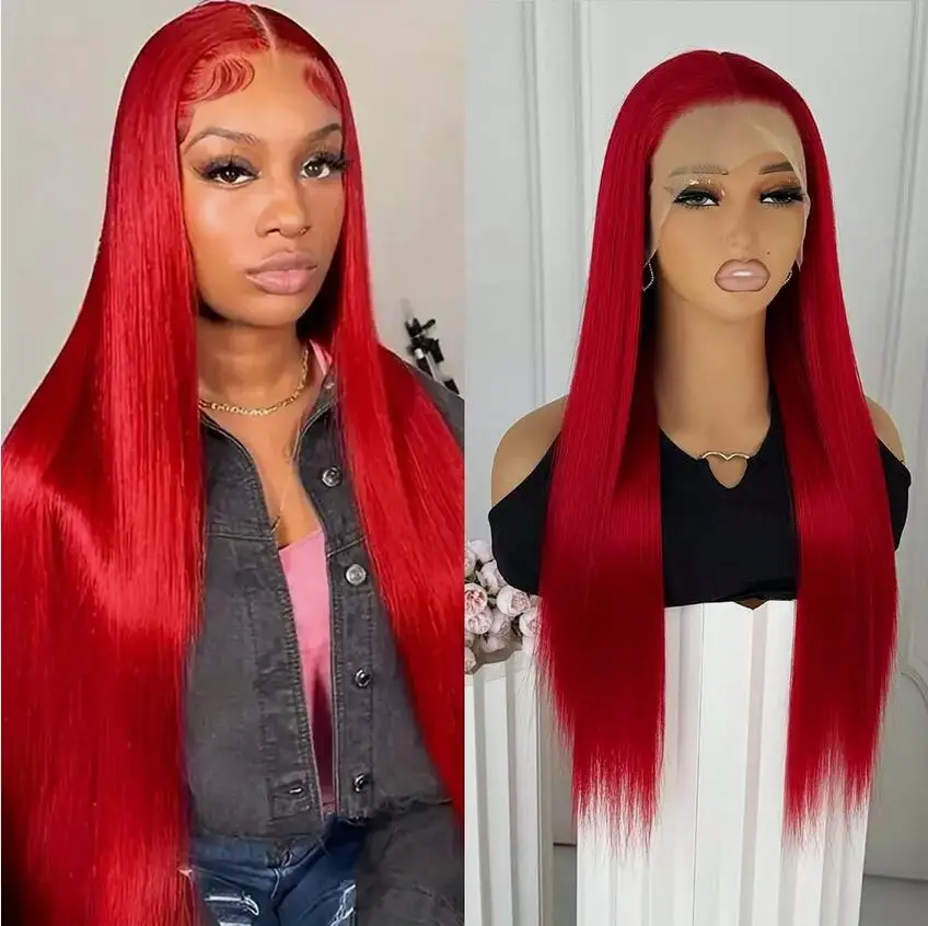 Pre Plucked Long Straight Women Synthetic Hair Red Glue Less T Lace Front Wig