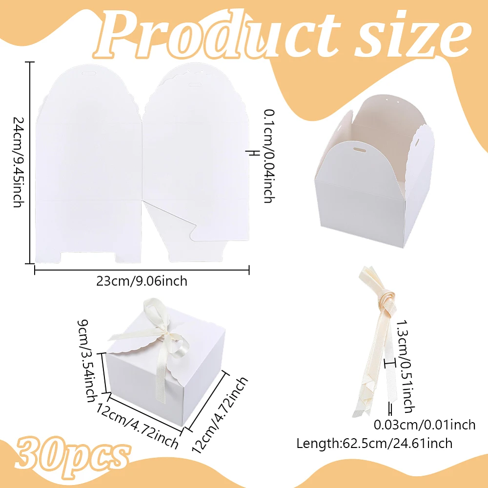 30 Pack Cookie Boxes for Presents Small Gift Treat Boxes Square Box with Ribbon 4.7x4.7x3.5in White