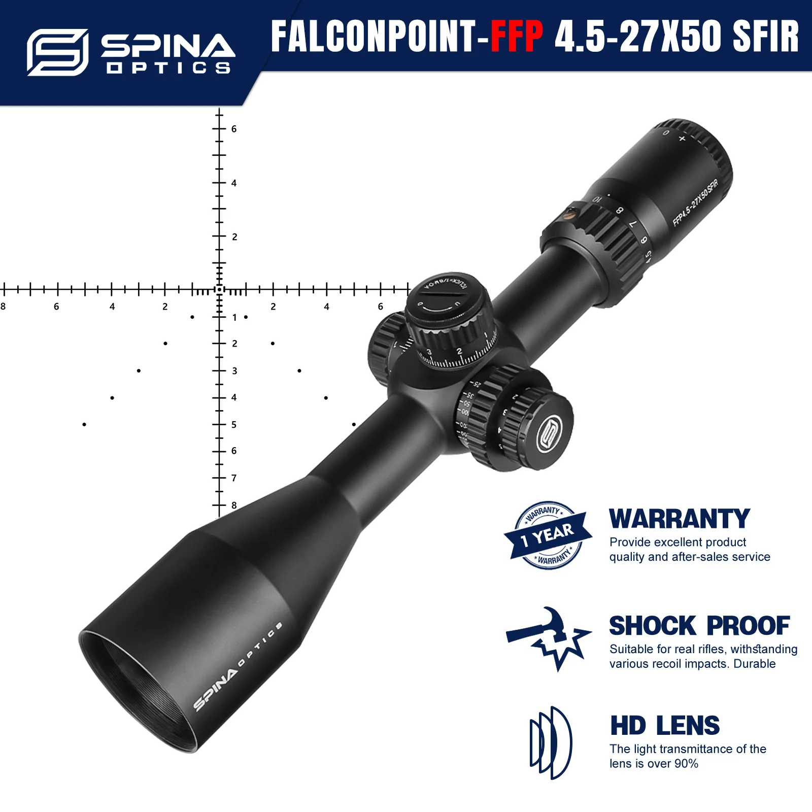 

SPINA OPTICS FalconPoint 4.5-27x50 FFP SFIR Large-Caliber Rifle Scope Sight Long-Range 10-400m Shooting PCP Carbine AR.308.300