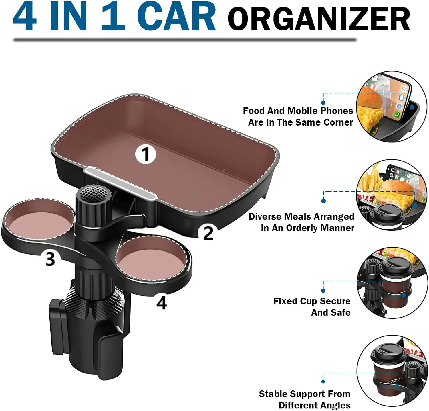 Dual Cup Holder Expander Adjustable for 360°Rotating Multifunctional Car Seat Cup Holder Snack Tray Drink Holder