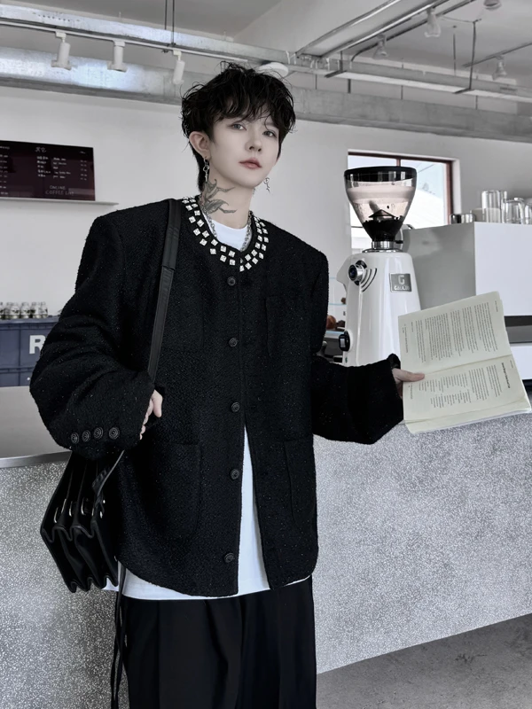 

Мужской пиджак свободного кроя с круглым вырезом горловины, украшенный стразами ручной работы, в корейском стиле, повседневное пальто