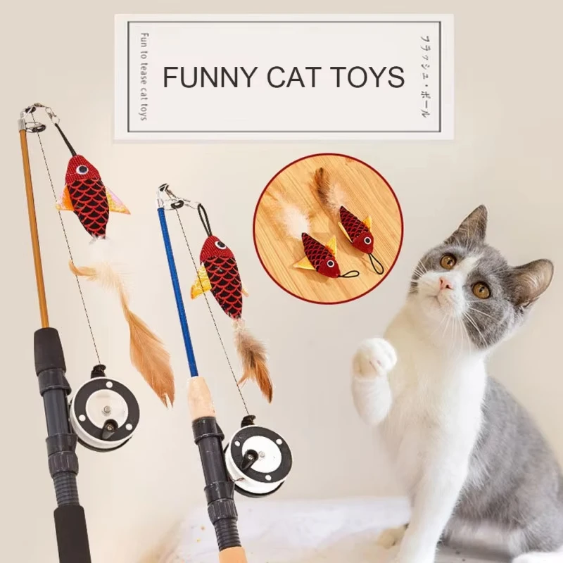Stick Feather Wand Toys Cat Interactive Toy Fish-shaped Telescopic Fishing Rod Cat Teaser Toy Supplies Random Color Cat toys image 4