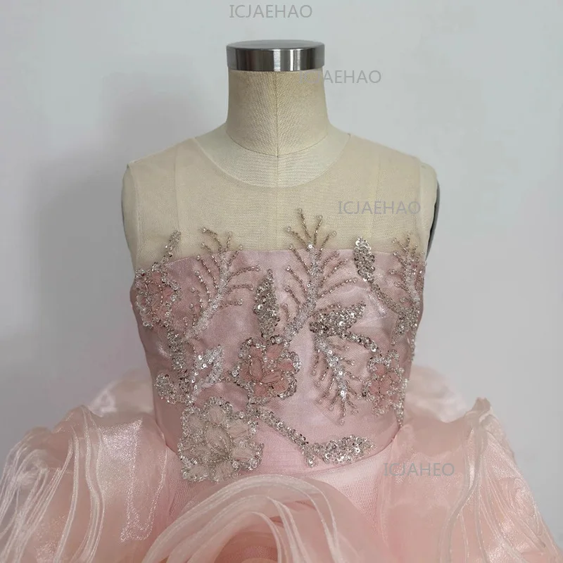 Heavy Craft Kids Princess Dress, Children Formal Gown For Birthday, Host Piano Performance & Catwalk Show Pink Children Costume