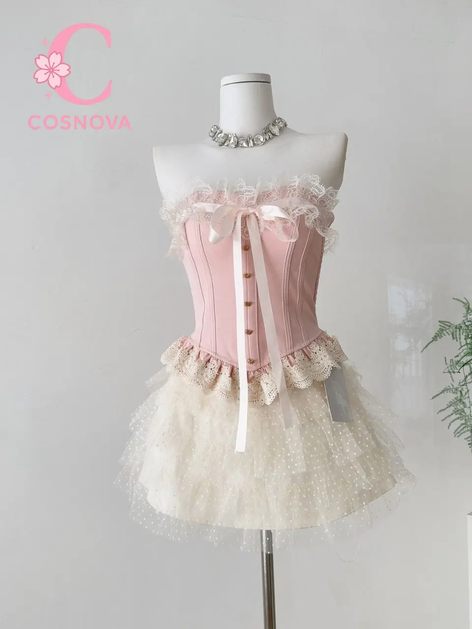 Vintage Court Style 2 Pieces Set Women Lace Trim Corset Tube Top + High Waist Puffy Skirt French Princess Elegant Party Outfit