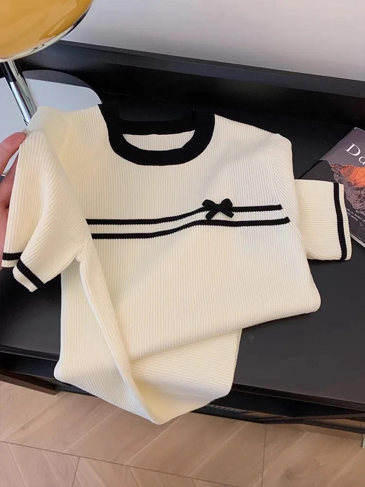 

Женская футболка большого размера с узлом, короткий рукав, вязаная, летняя, тонкая, с круглым вырезом, в стиле колор-блок, с открытыми плечами, в корейском стиле