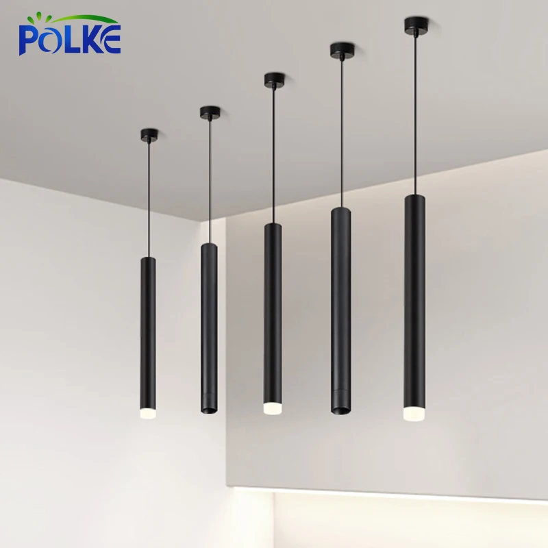 LED Pendant Long Tube Modern Black White Golden Ceiling Lamp Replaceable Cylinder Hanging Decor Light For Bar Shop Room Kitchen