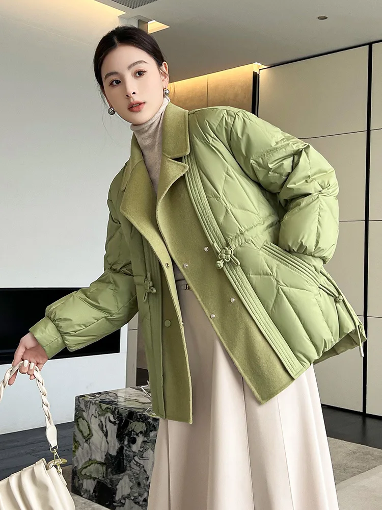 2023 Women New Korean Collar Folds Casual Vintage Down Coat Large Pockets Solid Color Original Down Coat