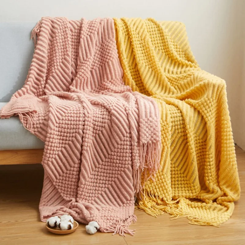 Oversized Pink Tassels Throw Blanket Textured Soft Sofa Couch Decorative Knitted Blanket Cozy Farmhouse Gift Sofa Bed Blankets