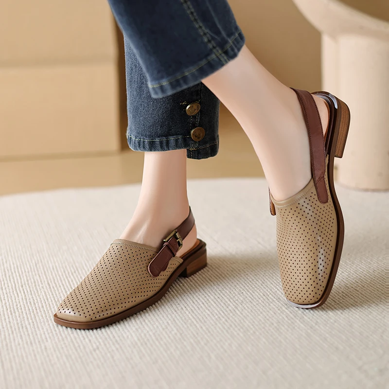 Retro Thick Heels Women Sandals Square Toe Fashion Hollow Slingback Pumps Genuine Leather Casual Office Shoes Woman 2023 Sandals