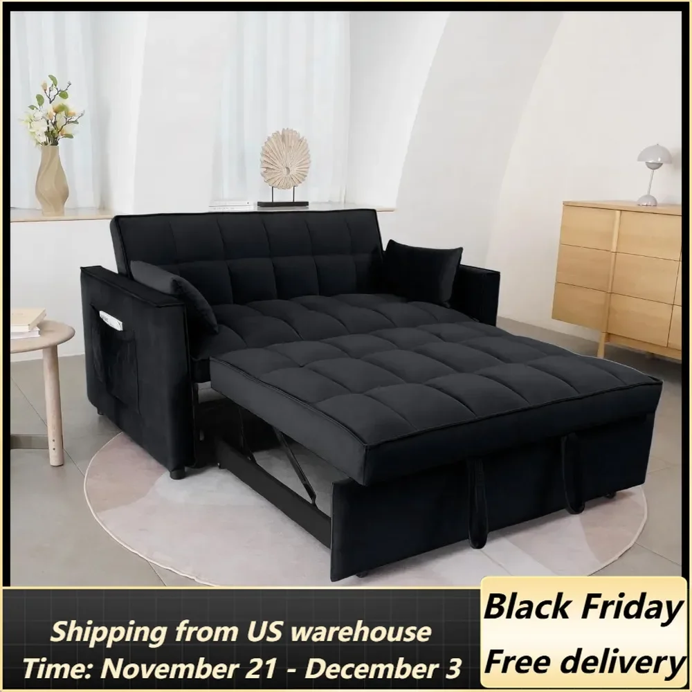 55.2'' Pull 2-Seater Sleeper Loveseat, 3-in-1 Reclining Sofa Bed, Futon Adjustable Backrest with Pillows, Pockets, Couch