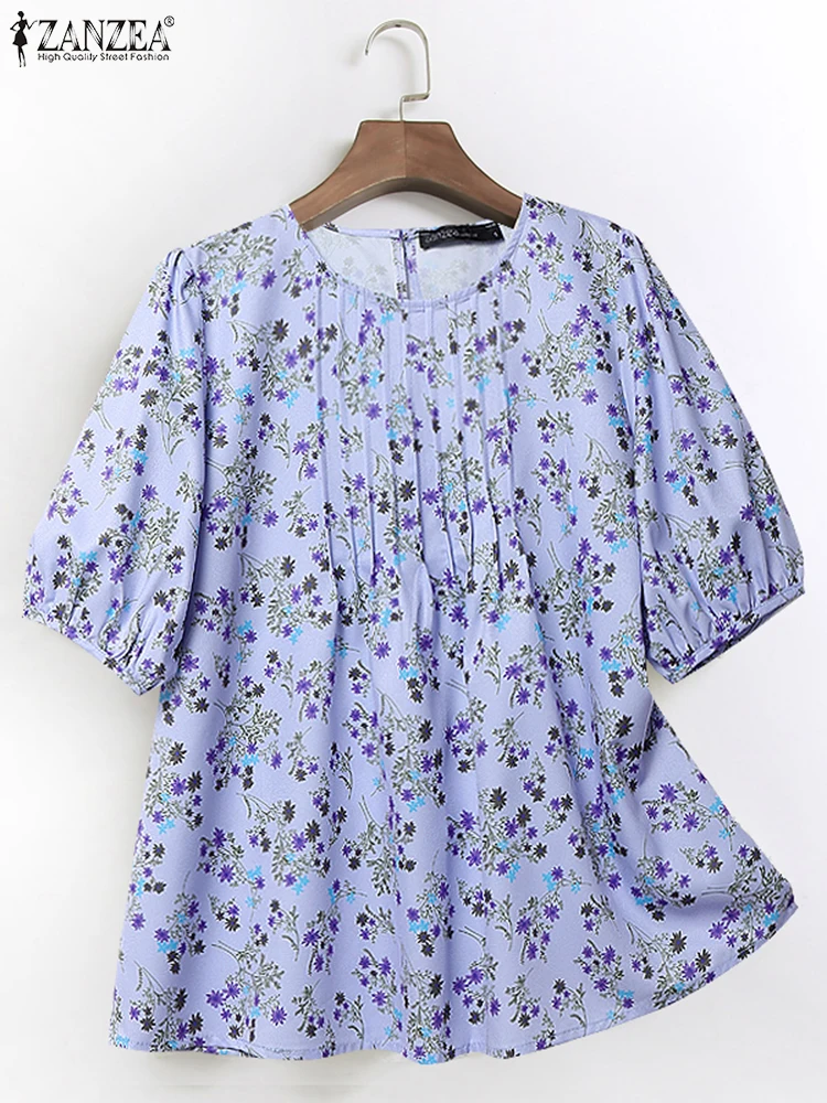 

ZANZEA Summer Bohemain Floral Blouses Holiday Shirt Women Casual Short Sleeve Printed Tunic Tops Pleated Blusas Loose Chemise