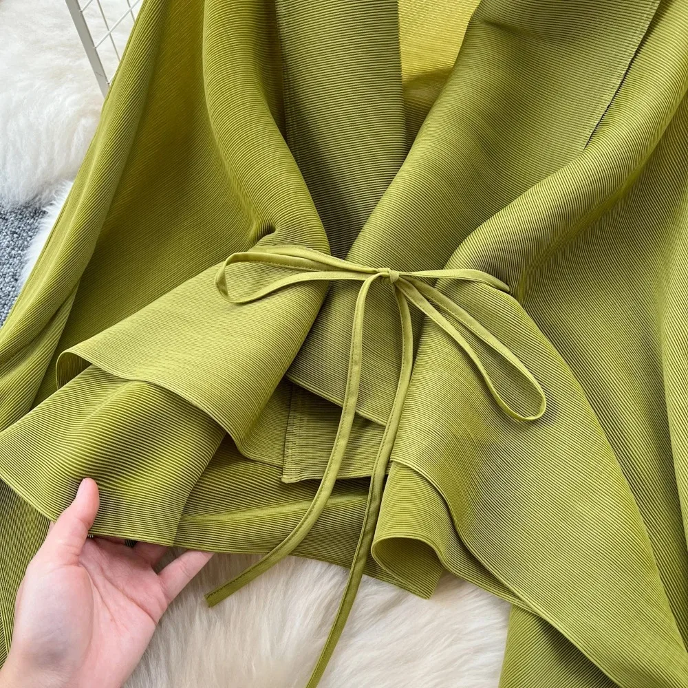 Elegant แขนยาวหลวมเอวสูงจีบกระโปรงชุดราตรี High Street แฟชั่นฤดูใบไม้ร่วงฤดูหนาว Gradient สีชุด