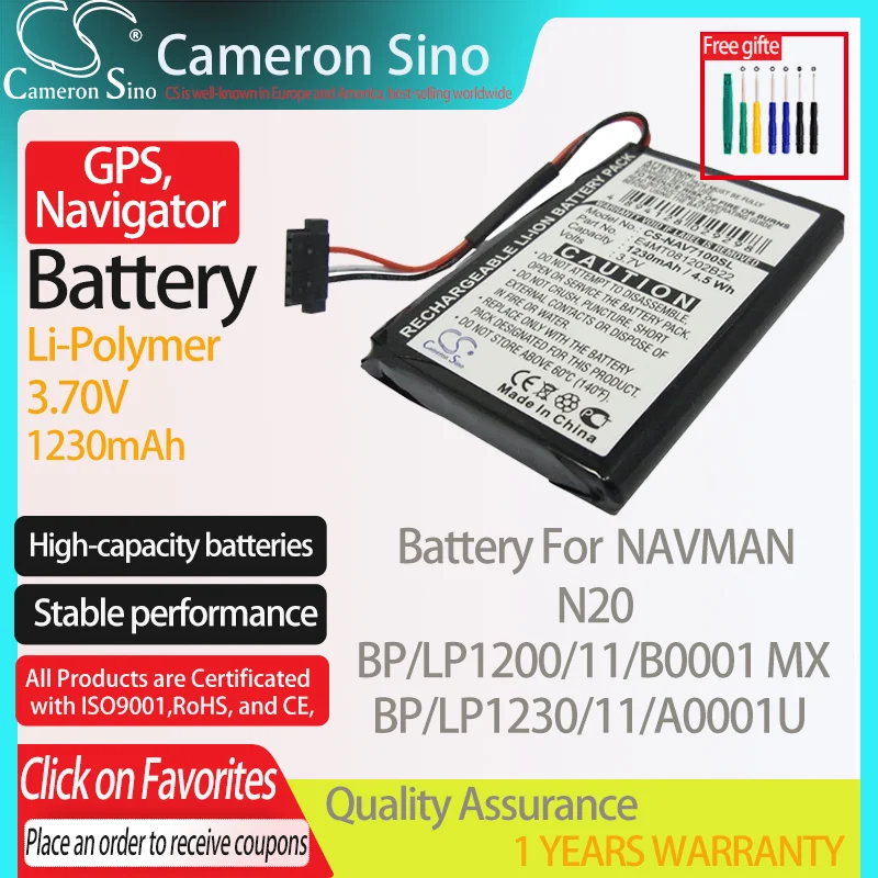 NAVMAN N20 용 CameronSino 배터리, NAVMAN BP/LP1200/11/B0001 MX BP/LP1230/11/A0001U GPS, 네비게이터 배터리 1230mAh 3.70V