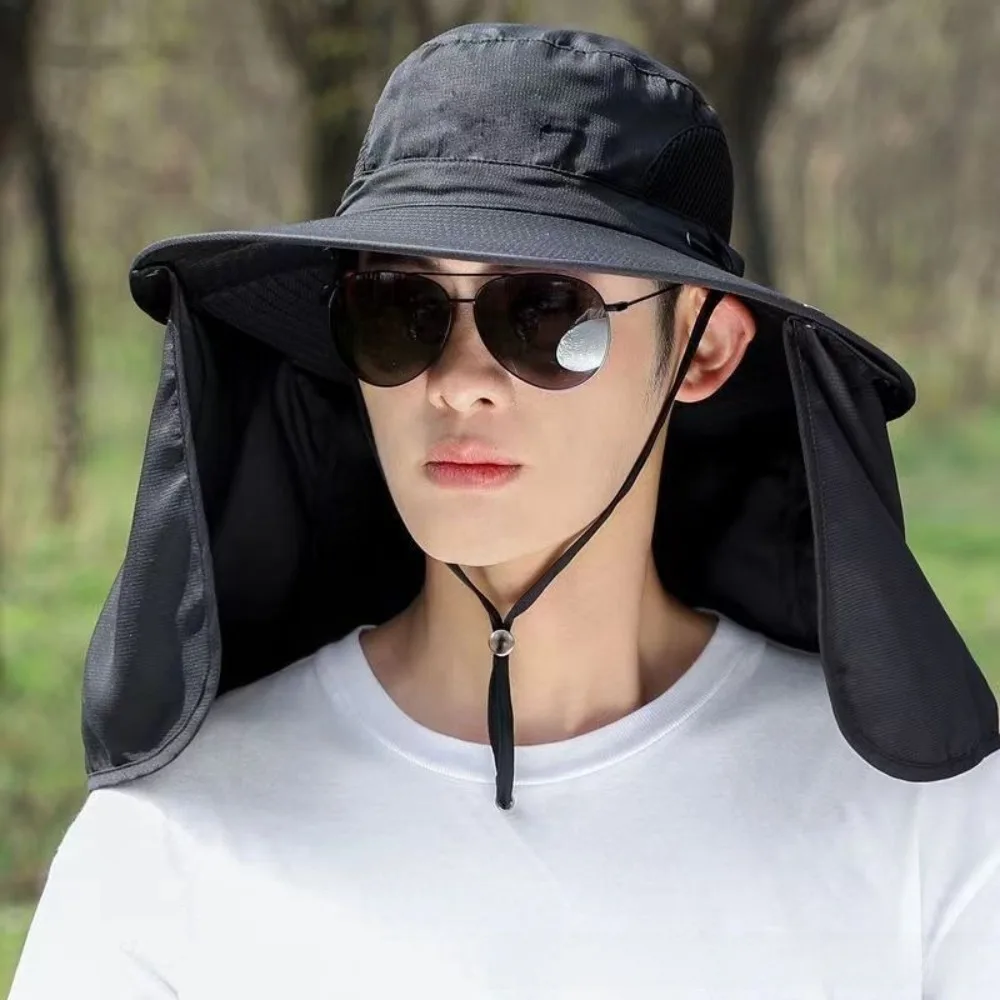 

Модная мужская летняя панама с широкими полями и защитой шеи, с ремешком, УФ-защита, для рыбалки и походов