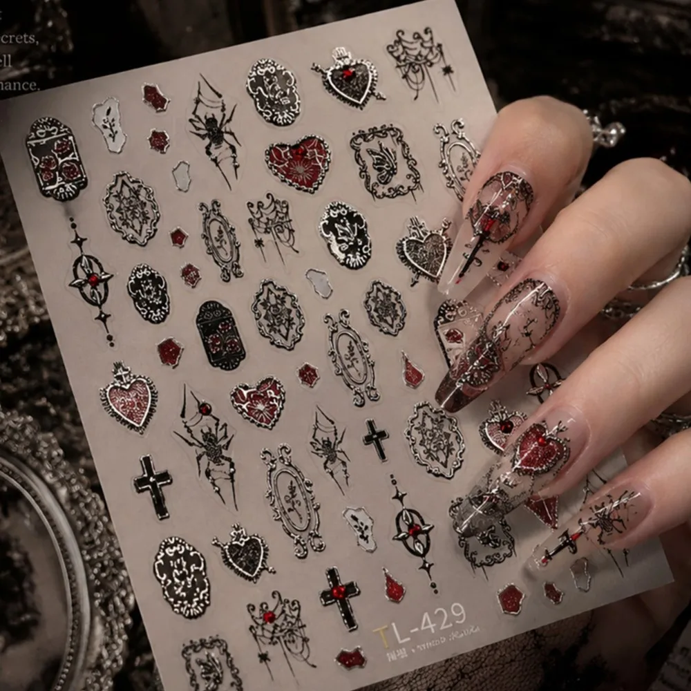 5D Gothic Spider Red Heart Cross Nail Stickers Silver Outline Vintage Lace Frame Decals Dark Punk Grunge DIY Manicure Supplies
