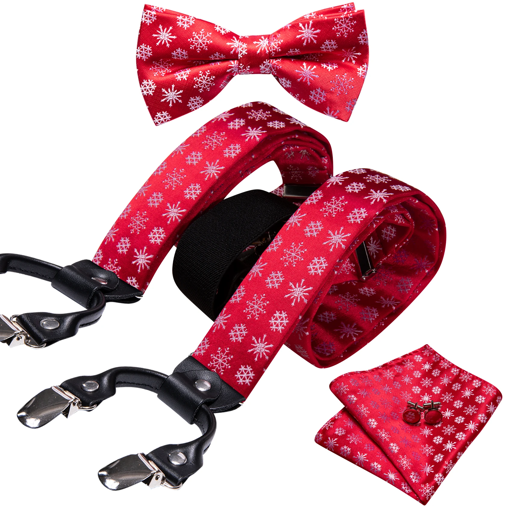 Barry.Wang-Suspender de Natal de seda ajustável para homens, Y chaves traseiras, gravata borboleta, lenço, abotoaduras, vermelho, verde, preto, Natal, 6 clipes