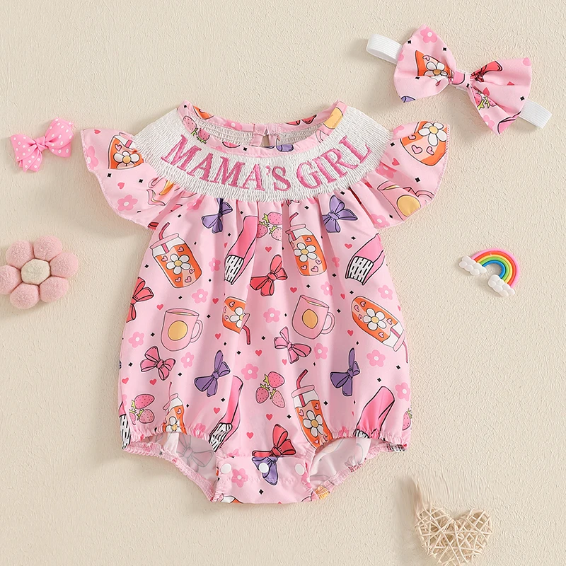 Princess Newborn Baby Girl 2Pcs Summer Rompers Sleeveless Embroidery Cartoon/Bow Print Smocked Jumpsuits Headband Infant Clothes