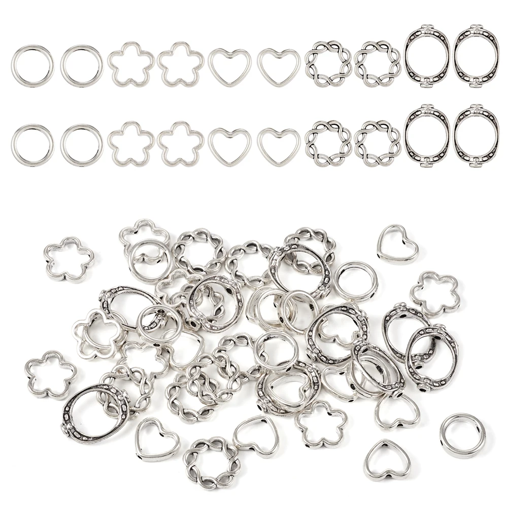 

50pcs Heart Round Flower Alloy Bead Frame Antique Silver Color Small Loose Spacer Beads for Jewelry Making Necklace Accessories