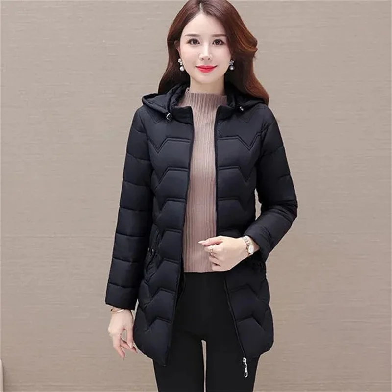 New Winter Parkas Women Hooded Down Jacket Thick Warm Cotton padded Coat Casual Mid-Length Clothes ladies slim Outerwear T530