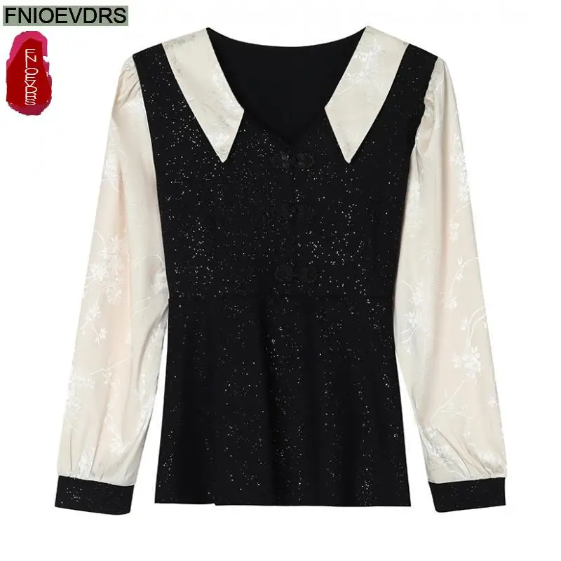 Retro Vintage Black Peplum Bling Tops New Design Women Autumn 2024 Fashion Office Lady Elegant Tunic Button Shirts Blouses