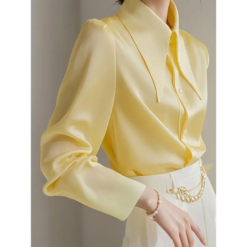 French  yellow big pointed collar long sleeved shirt with a female design , unique, high-end,  spring and autumn