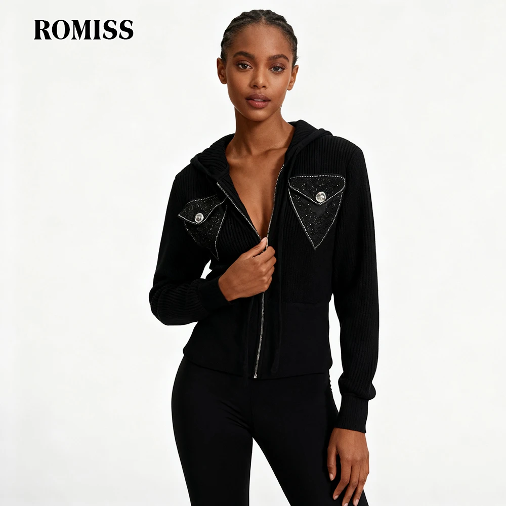 ROMISS الصلبة فضفاضة تقسم سستة البلوزات الموضة للنساء الخامس الرقبة طويلة الأكمام المرقعة جيوب سترة الملابس النسائية #1