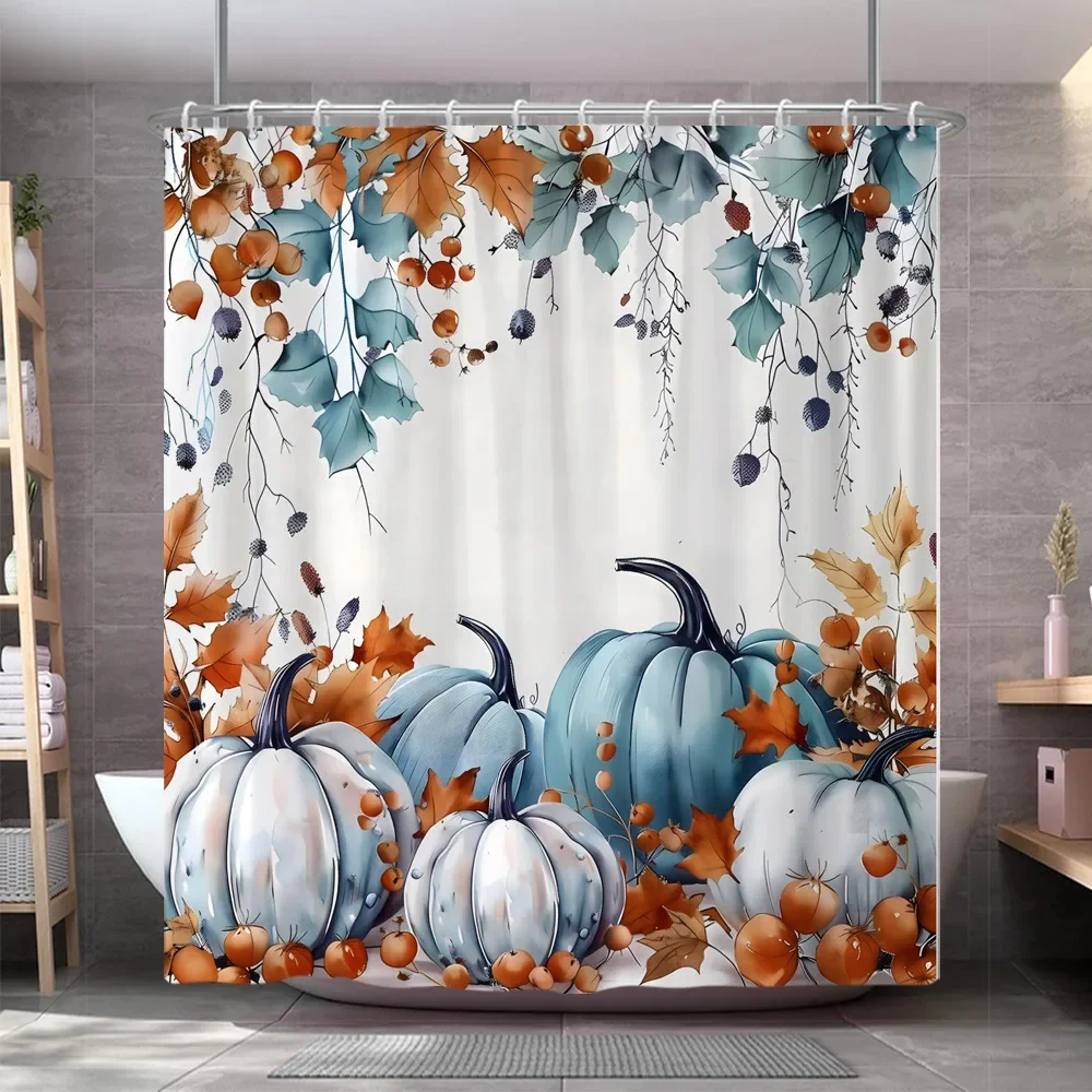 Autumn Pumpkin Shower Curtain Rustic Farm Yellow Maple Harvest Thanksgiving Polyester Shower Curtains Bathroom Decor with Hooks