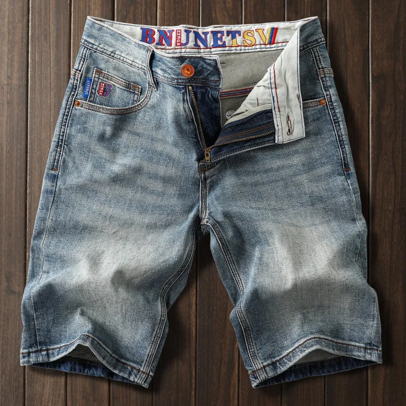 Men's 5-Inch Denim Shorts, Thin, Breathable, Embroidered, Straight, Elastic, For Summer 2026, Stylish Daily Shorts