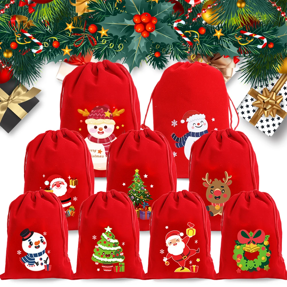 6/1Pcs Red Christmas Velvet Bags Drawstring Pouch Candy Snack Gifts Bag Jewelry Packaging Bags For Christmas New Year Decoration