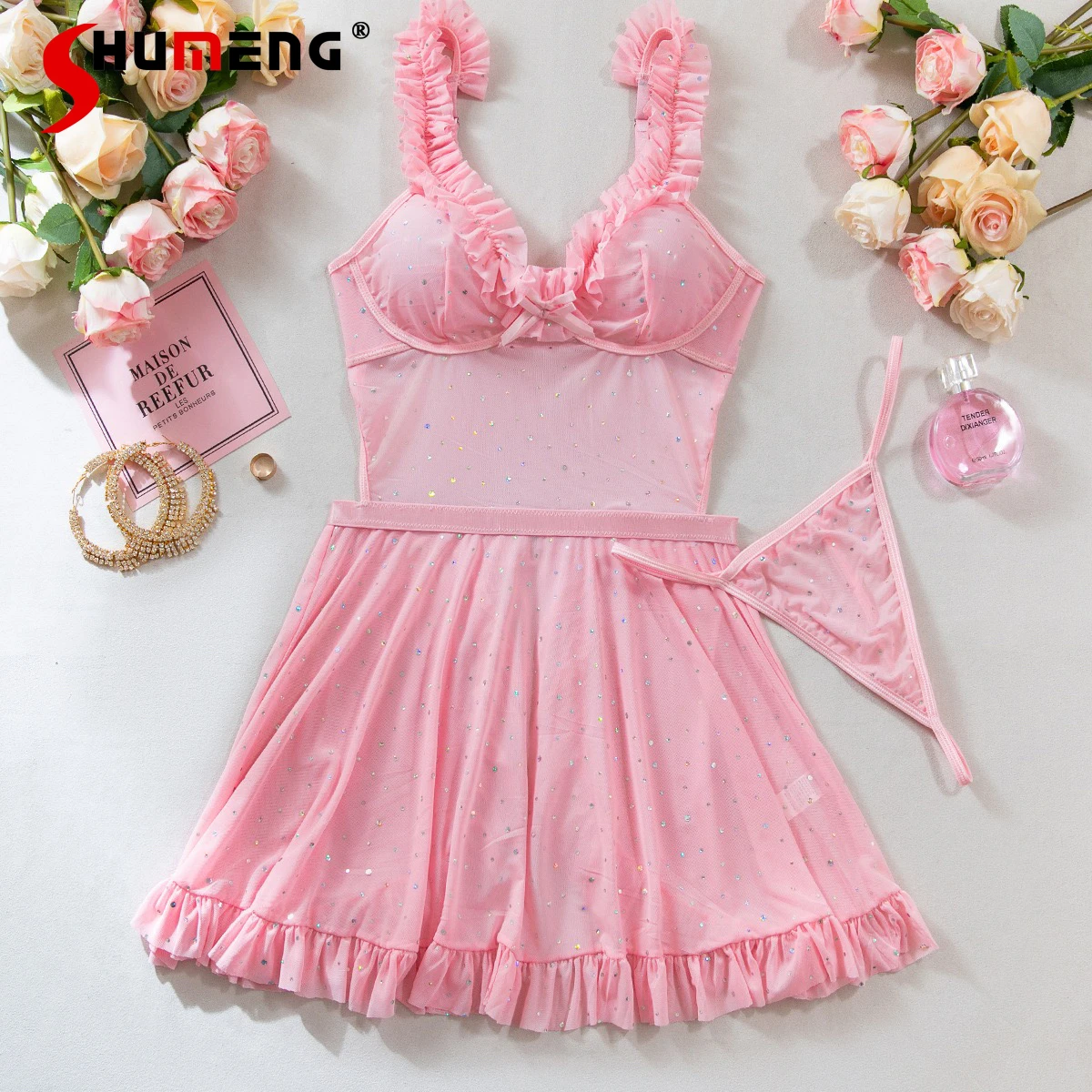 

Sexy Camisole Nightdress for Women See Through Mesh Lingerie Pure Desire Nightgowns Female Summer Pink Underwear Lounge