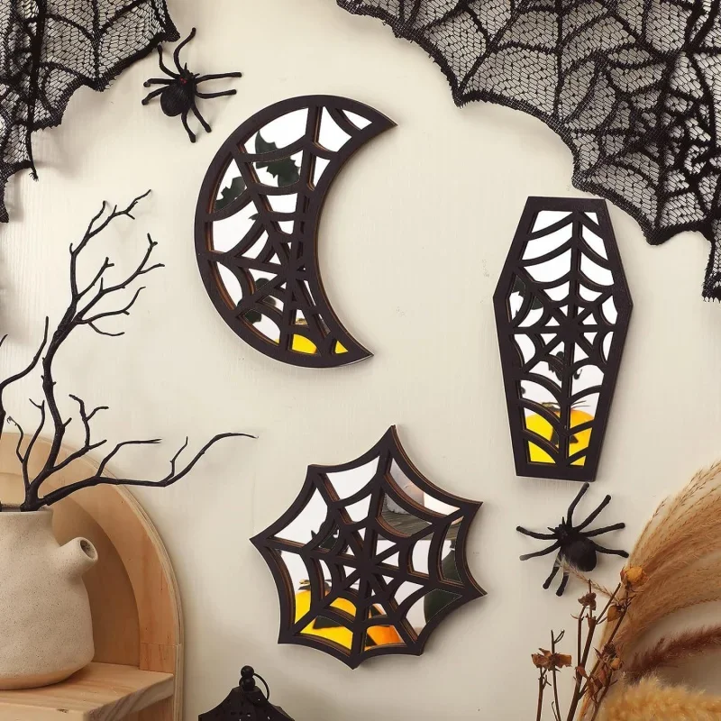 

Black Wooden Spider Web and Moon Mirror Decoration, Ghost Gothic Decor, Country Wall Hanging, Coffin