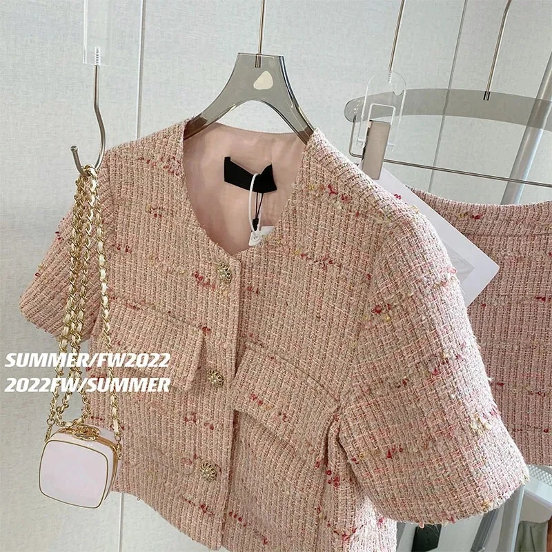 Shorts Sets 2 Piece  Womens Outifits O Neck Pink Tweed Jacket Femme Crop Cardigan Tops Korean Coat Short Pant Suit