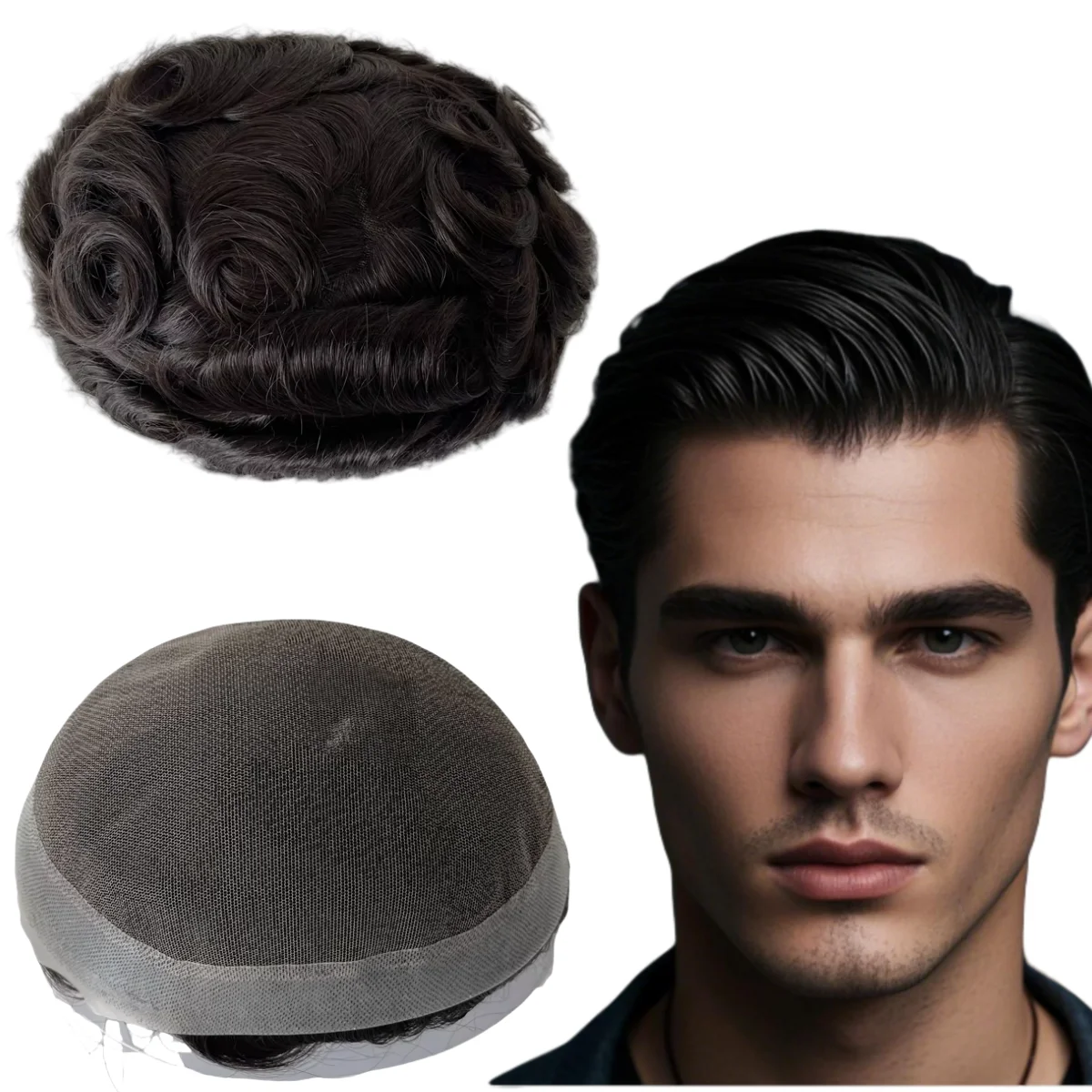 

Монгольский девственный человеческий волос # 1b черный цвет, 32 мм, волнистый блок AUS, 8x10, кружево с париком из искусственной кожи для белых мужчин