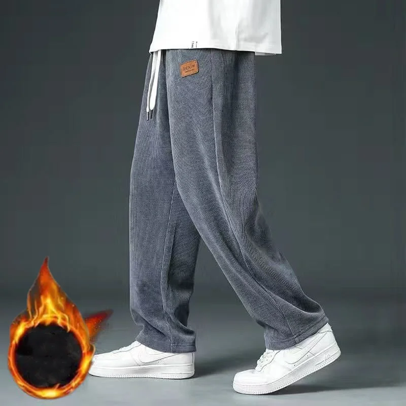 Calças quentes de veludo solto, calça larga reta casual, cordão elástico na cintura, bolso monocromático, tendência versátil, novo, outono e inverno