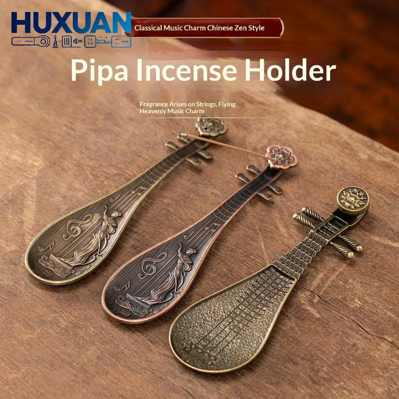Anti-slip Bottom Pipa Shaped Incense Stick Holder Chinese Style Metal Incense Burner Tray for Home Desktop Decor