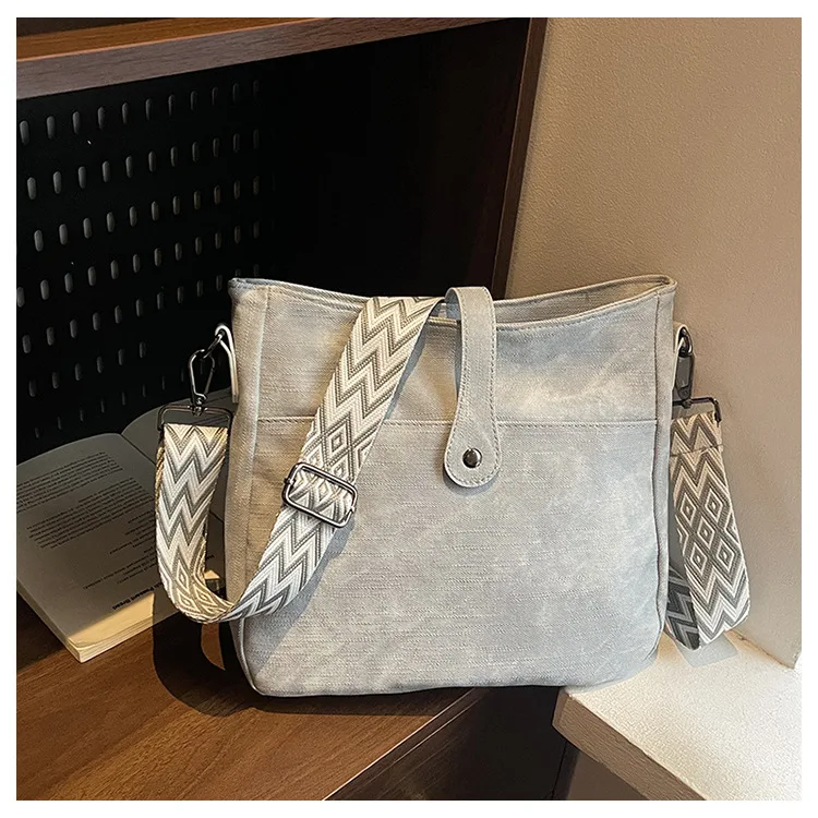 Tie‑dye PU Crossbody Bag For Women Retro Geometric Wide Adjustable Strap Snap Button Shoulder Bag Commuter Small Bucket Bag