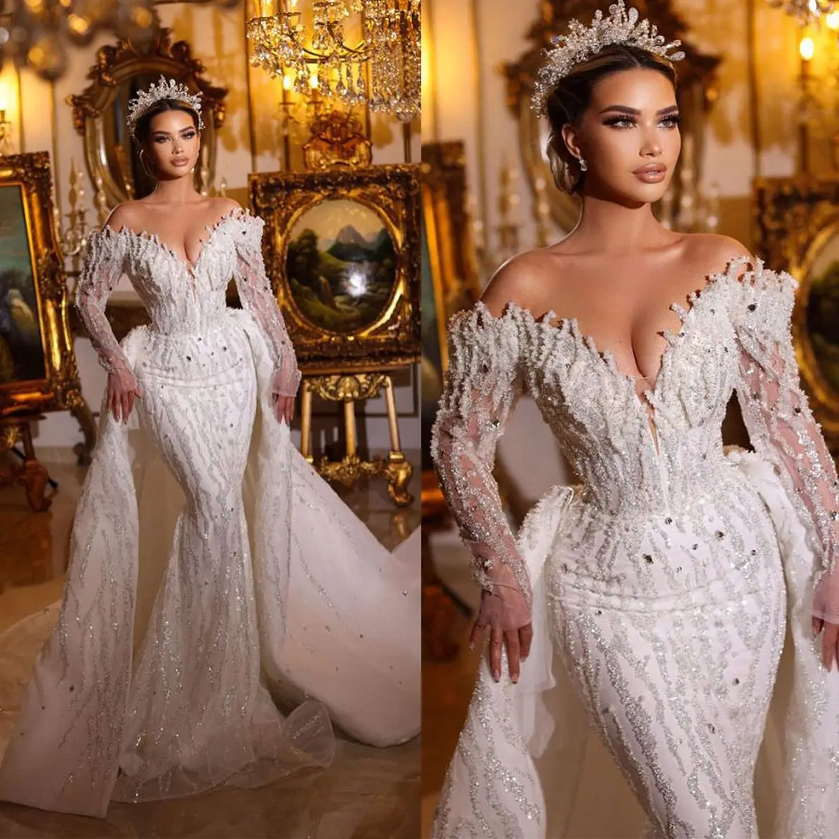 

Fashion Sequined Lace Mermaid Wedding Dress Off The Shoulder Crystal V Neck Arabic Trumpet Bridal Gowns Robe De Soirée