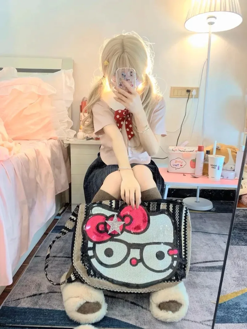 Japanese Kitten KT Kawaii Hot Girl Y2k Cartoon Large Capacity Tote Commuting Crossbody Bag Gift for Girls Portable Cosmetic Bag