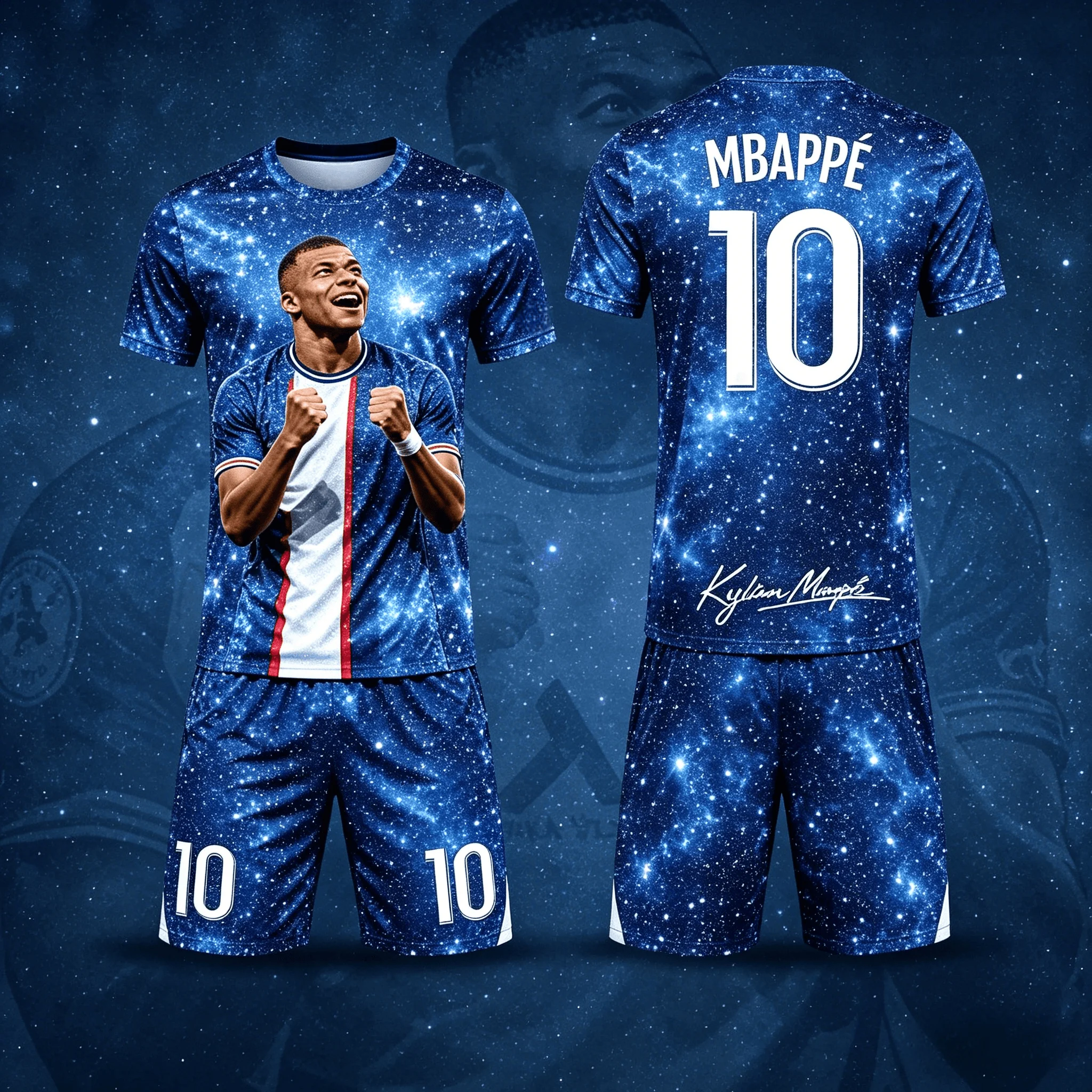 Mbappe Nr. 10 Sternenfarbverlauf Trikot-Set für Erwachsene und Kinder, Schnelltrocknend, Atmungsaktiv, Großes Lockeres Signature T-Shirt – Detail 4