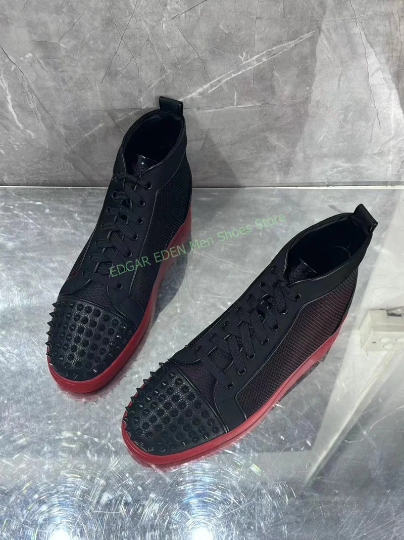 Comfortable Flat Heel Men Rivet Decoration High Top Lace Up Ankle Boots Round Toe Male Black Daily Casual Short Boots Shoes